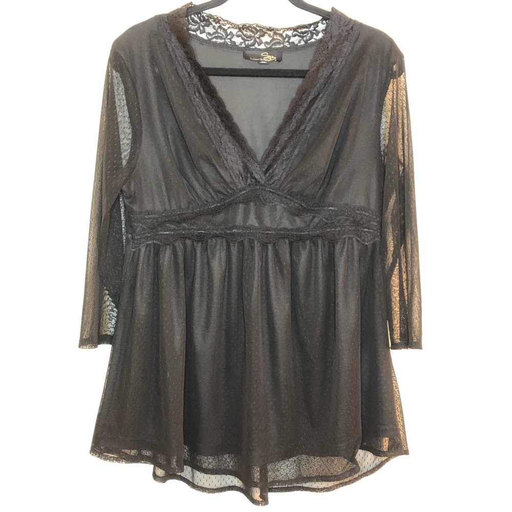 ✅Susan Betro V neck sheer sleeves baby doll blouse